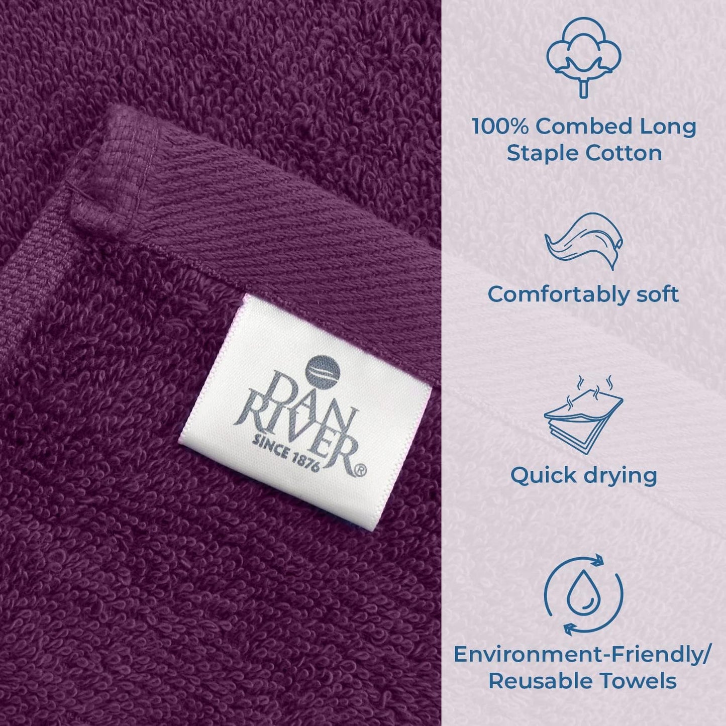 DAN RIVER Bath Towels Set of 4, 27 x 54 Inches, 100% Cotton, Larger & Lighter Weight, Quicker to Dry, Super Soft and Absorbent, Ideal Quick Dry Bath Towel for Daily Use, Purple