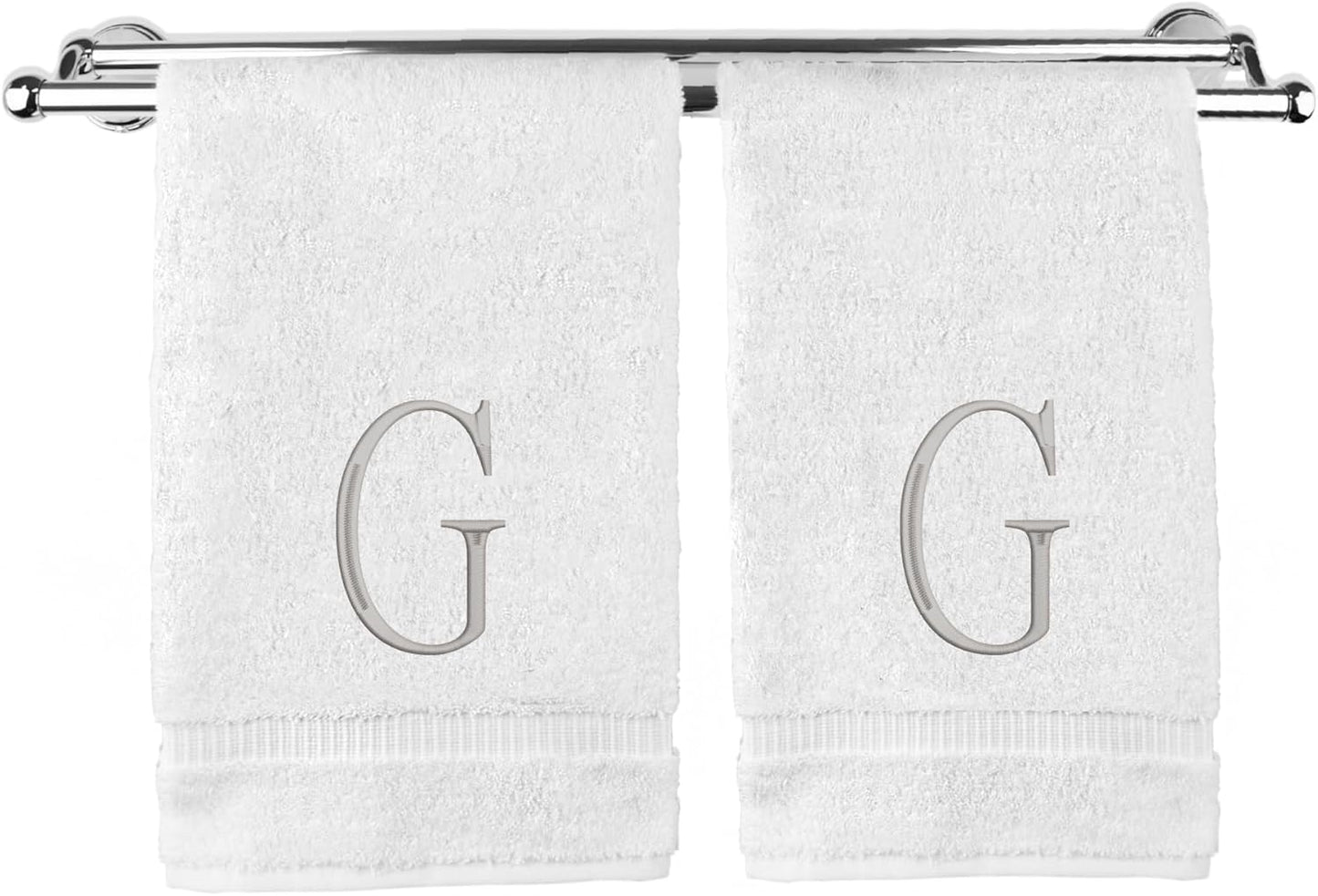 Monogrammed Hand Towel, Personalized Initial Gift, Extra Absorbent 100% Turkish Cotton - Soft Terry Finish - Set of 2 - Silver Block Initial G - Embroidered on White Towels