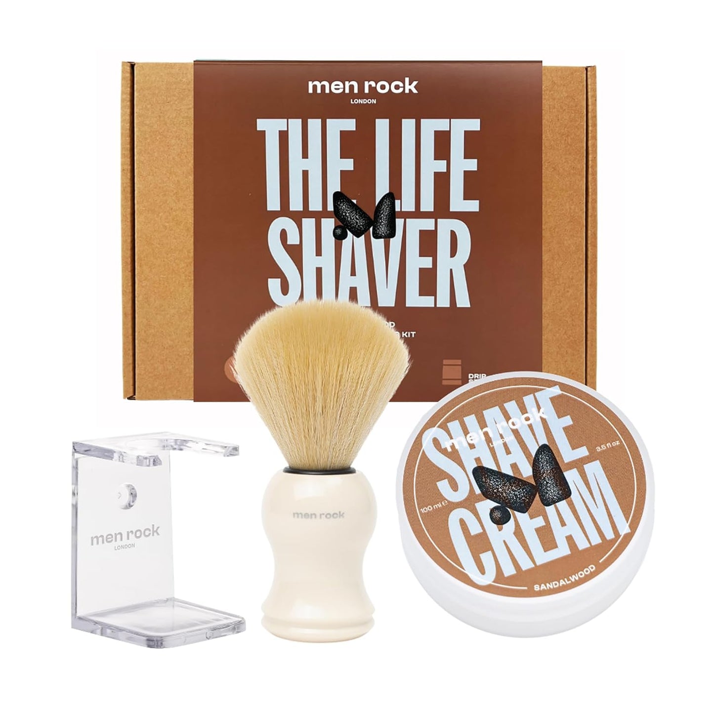 Men Rock The Life Shaver Essential Shaving Kit - Sandalwood - Beard Care Kit for Men - Shaving Cream, Synthetic Brush - Mens Face Care - 3 Pc