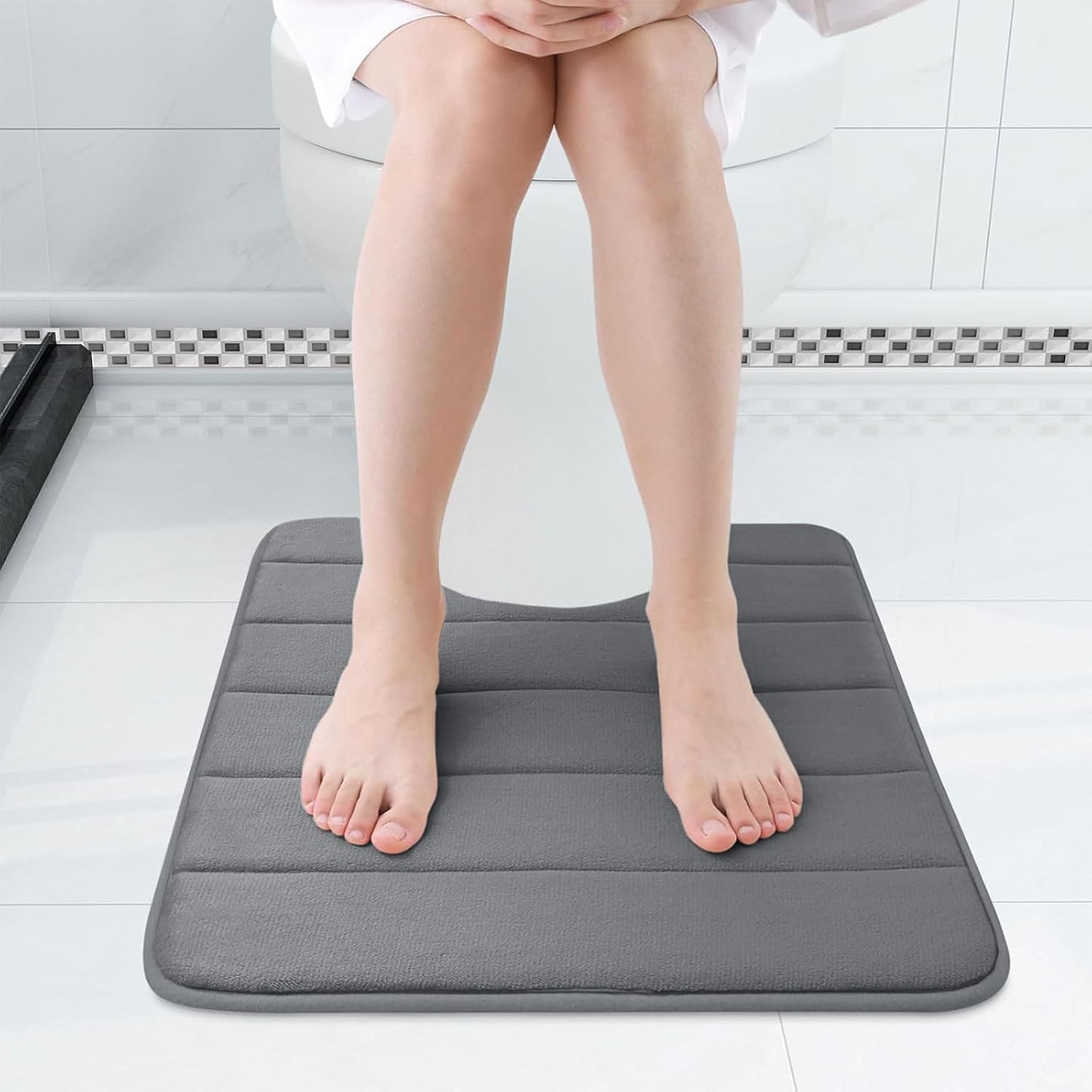 Buganda Memory Foam U-Shaped Contour Toilet Rugs, Non Slip Absorbent, Thick Soft Washable Bathroom Mat, Floor Carpet Bath Rugs Mat for Toilet Base (24" x 20", Grey)