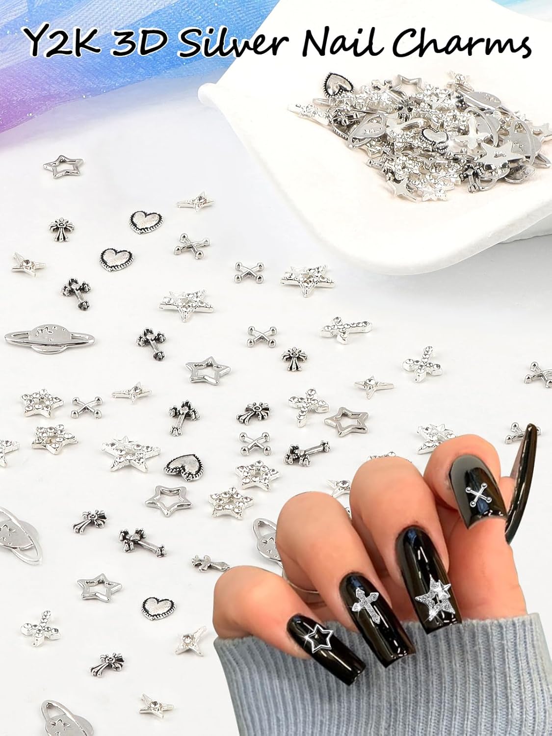 EBANKU Nail Charms for Nails, 100 PCS Nail Charms Y2K Bulk Set with 15g Nail Rhinestones Glue, Star Heart Planet Cross Alloy Nail Gems 3D Silver Stars Nail Jewels Accessories for Acrylic Nails