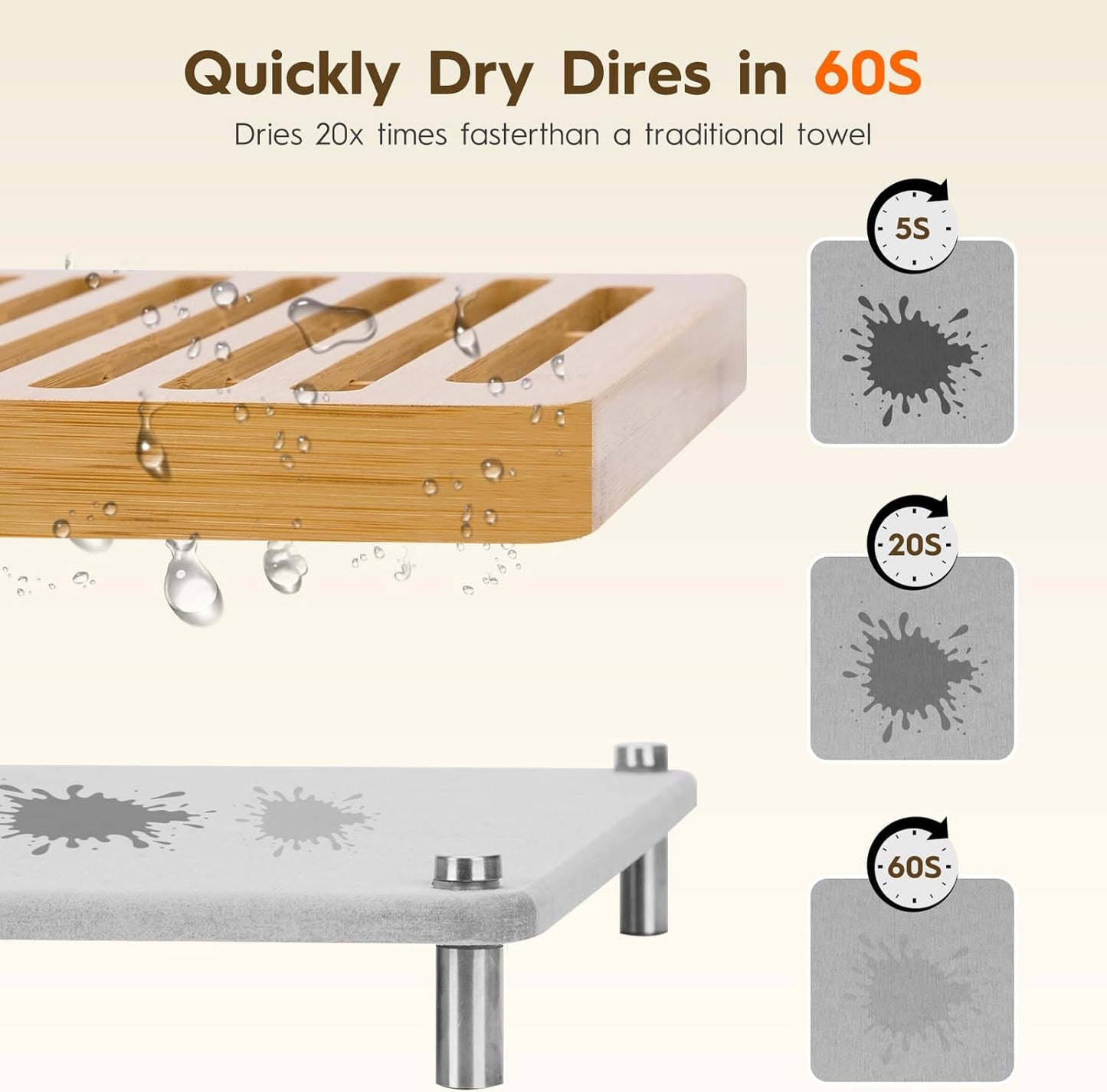 Stone Dish Drying Mats for Kitchen Counter,Dirt-Resistant Quick Dry Absorbent Diatomaceous Earth Dish Drying Mat with Bamboo Rack,Non-Slip Pads & Anti-Moisture Design