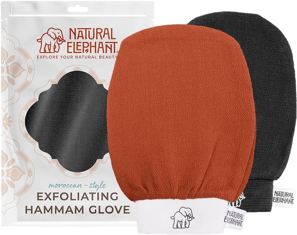 Natural Elephant Exfoliating Hammam Glove | Authentic Moroccan Kessa Body Scrub Mitt for Spa-Quality Skin Renewal | Pure Black and Burnt Orange Pack of 2