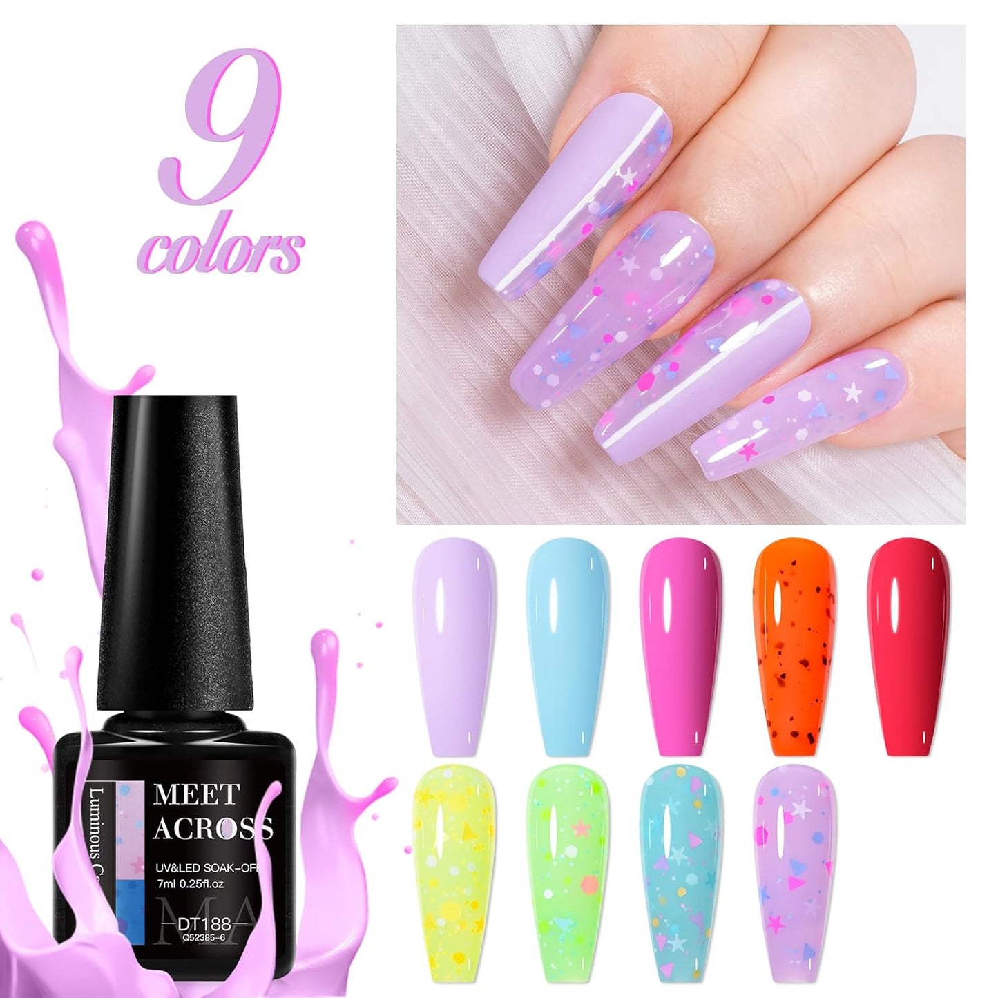MEET ACROSS 9 Colors Gel Nail Polish + 3PCS Function Gel Nail Polish Kit,Fashion Nail Art Set Design Gifts for Women Manicure Salon (SET16, 12pcs)