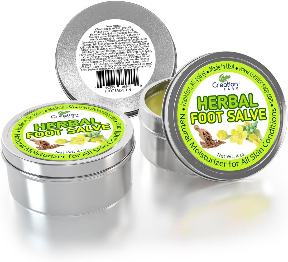 Foot Salve - Large 4 Oz Tin of Herb Foot Balm Cream Ointment - Mejor cuidado de Los pies With Peppermint & Tea Tree by Creation Farm