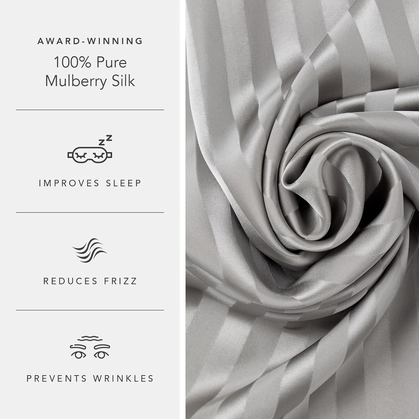 Fishers Finery 25mm 100% Pure Mulberry Silk Pillowcase (Gray Stripe Queen)