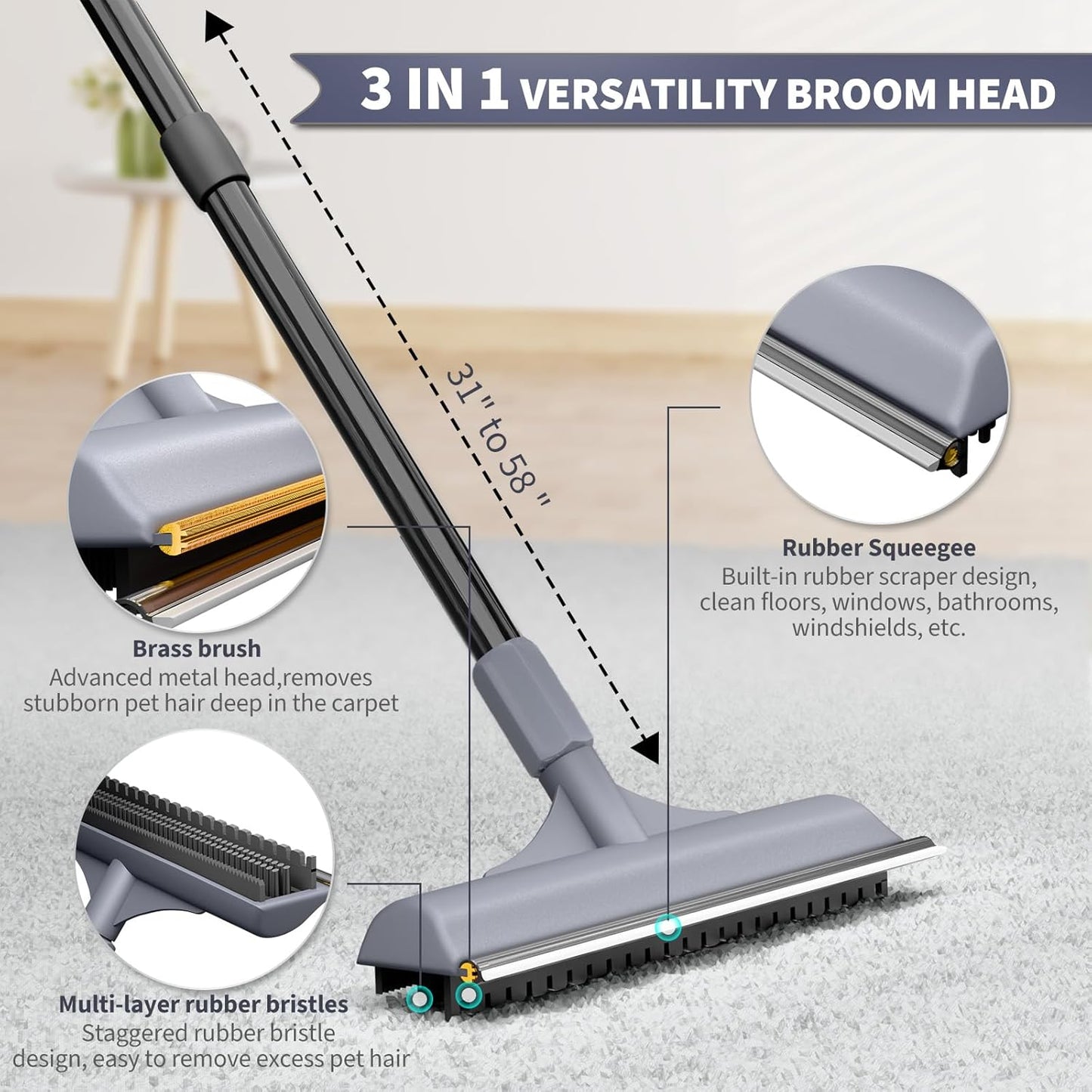 Carpet Rake for Pet Hair Removal - 3 in 1 Pet Hair Remover Tool with 58" Adjustable Long Handle,Reusable Dog & Cat Carpet Scraper,Pet Hair Remover for Rugs,Mats,Couch,Curtains(Gray)