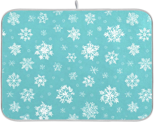 Winter Snowflake Turquoise Dish Drying Mat for Kitchen Countertop 18x24 Christmas Snow Aqua Xmas Large Drying Mat Reusable Quick Dry Dish Sink Mats Easy Clean Decorative Essentials