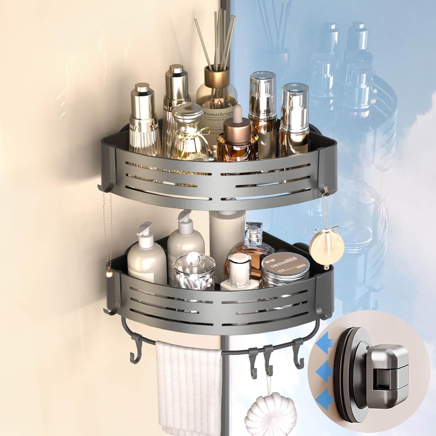 Onemake Corner Shower Caddy with Suction Cups, 2-Pack Removable Aluminum Wall Mounted Organizer Shelves Storage Rack with Towel Bar Portable Hook for Bathroom, Grey