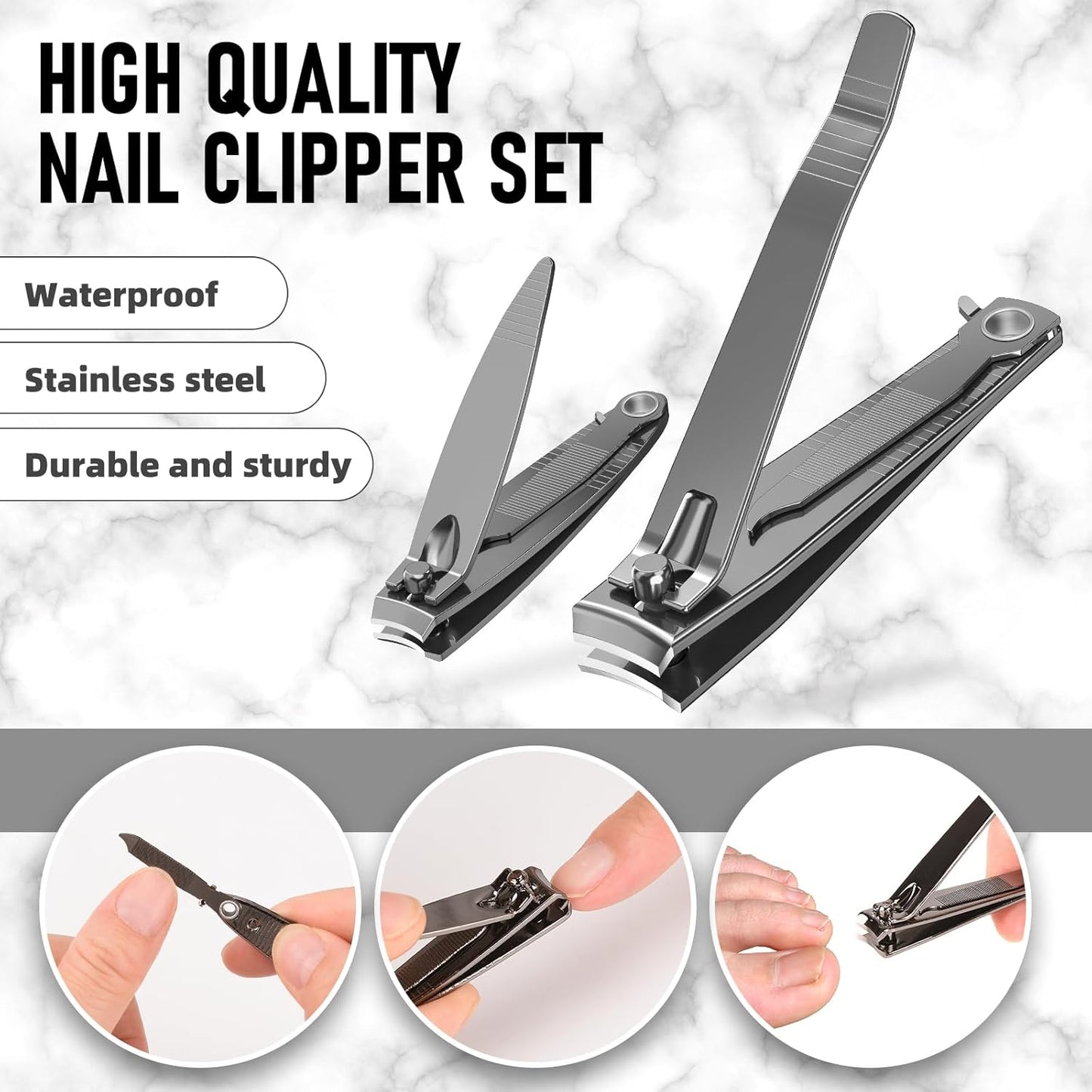 Nail Clipper Set, Sturdy Stainless Steel Fingernails & Toenails Clippers & Nail File, Sharp Effortless Fingernail Toenail Trimmer, Portable Nail Cutter for Women Men（Gray）