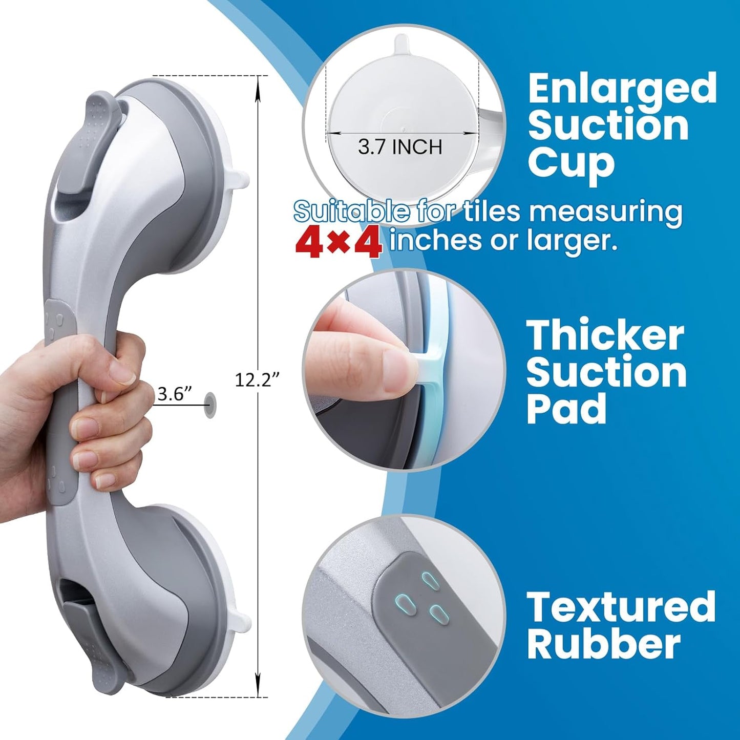 LEVERLOC Shower Grab Bar, 12 Inch Suction Grab Bars for Bathtubs, Shower Handle Handrail for Seniors Bathroom Safety Grip for Elderly, Heavy Duty No Drilling Removable,Silver