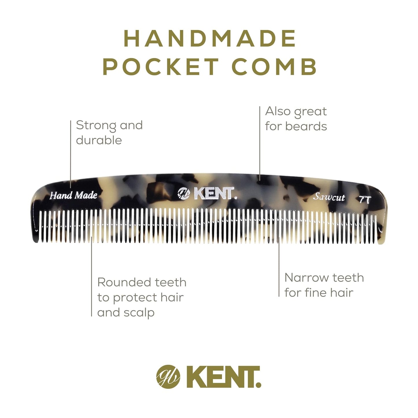 Kent 7T TW All Fine Tooth Pocket Comb for Men - Handmade Hair Comb for Men for Everyday Grooming and Styling - Travel Comb for Hair Care, Mustache and Beard Care, Use Dry or with Balms, Saw Cut and