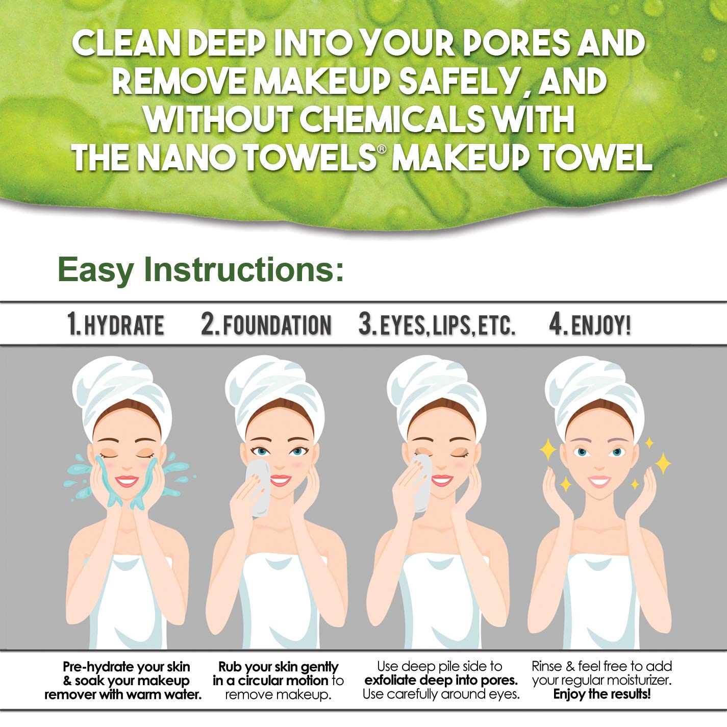Nano Towel Makeup Remover Face Wash Cloth Multi Color 3-PACK. Remove Cosmetics FAST and Chemical Free. Wipes Away Facial Dirt and Oil Like An Eraser. Great for Sensitive Skin, Acne (Grey, Pink, Green)