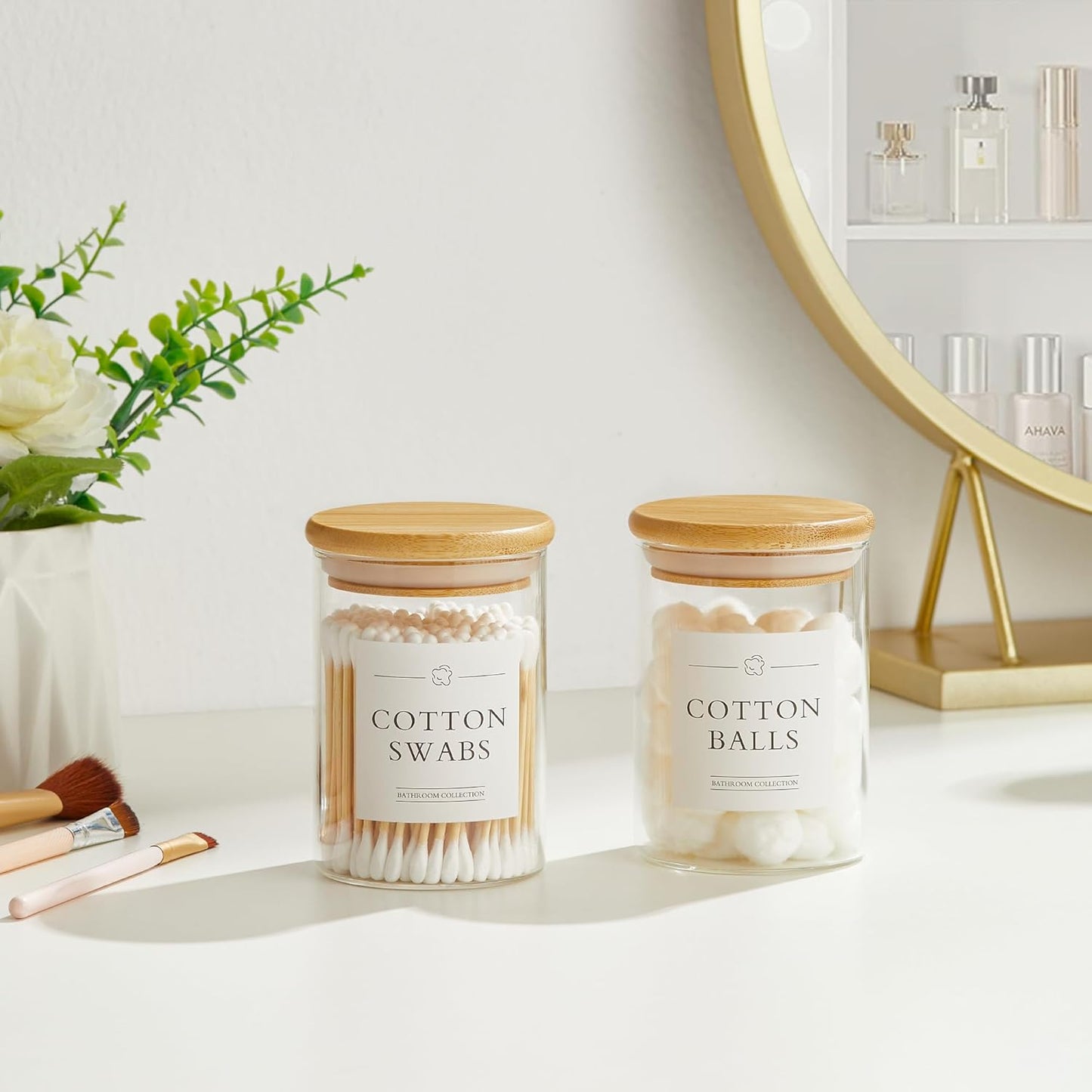 2 Pack Qtip Holder Dispenser - Glass Apothecary Jars with Lids, Cotton Ball Pad Swab Round Holder, Bamboo Bathroom Accessories, Bathroom Organizers Containers Jars Canisters with Lids