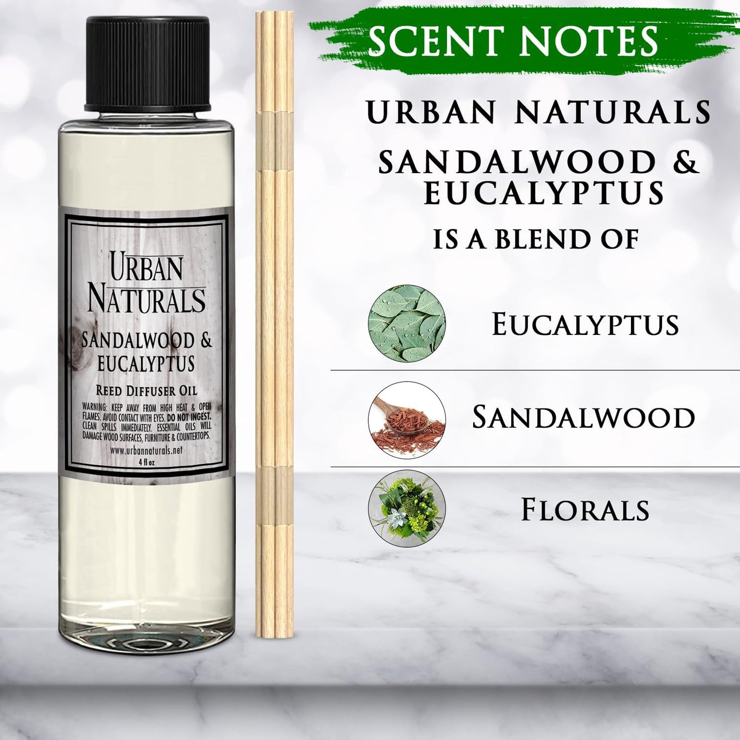 Urban Naturals Reed Diffuser Oil Refill, Sandalwood & Eucalyptus Diffuser Oils with Musk, Herbal Woods, 4 oz + Free Reed Sticks, Made in The USA