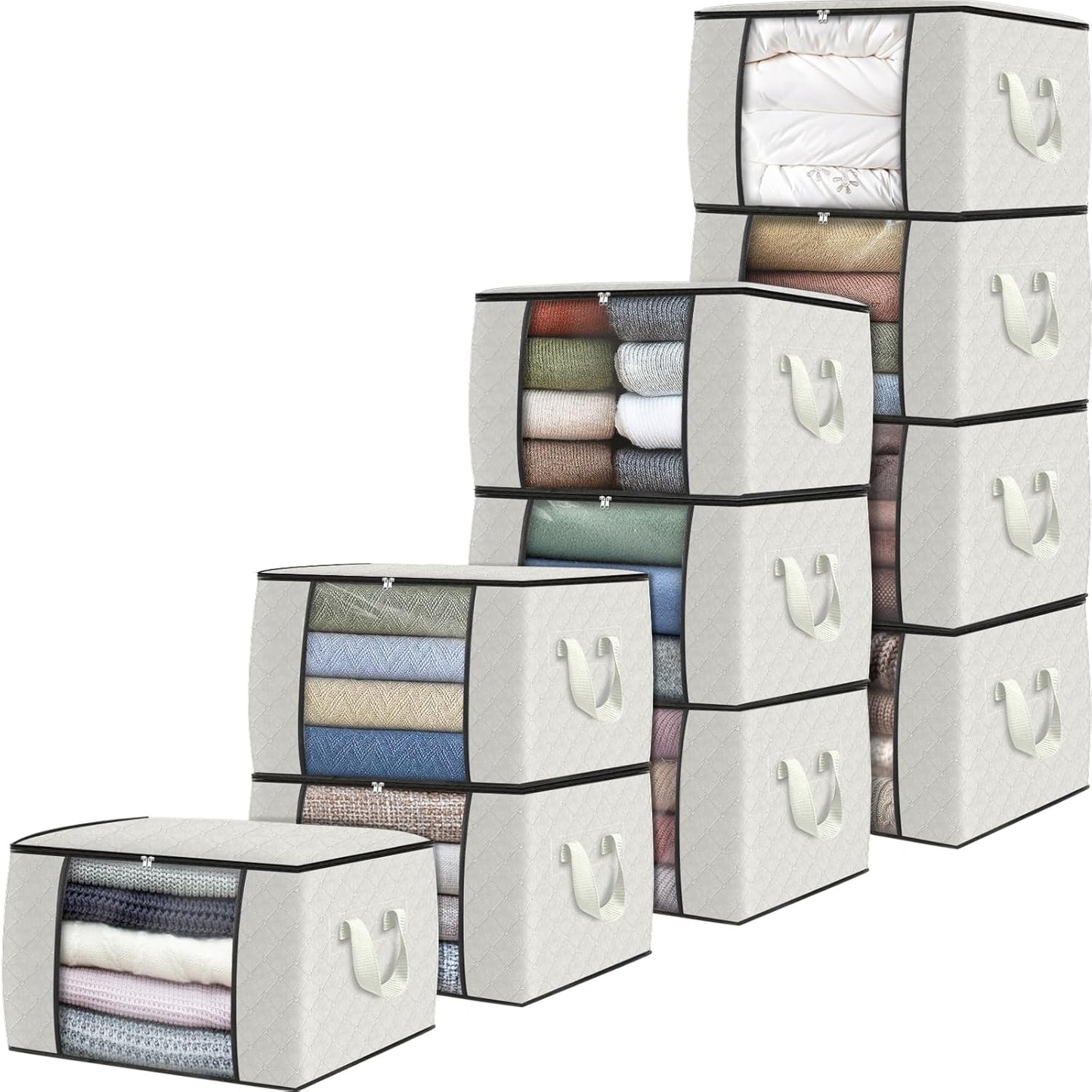 Fab totes 10 Pack Clothes Storage, Foldable Thick Fabric Blanket Storage Bags, Containers for Organizing Bedroom, Closet, Clothing, Comforter, Organization with Handle,Ivory White