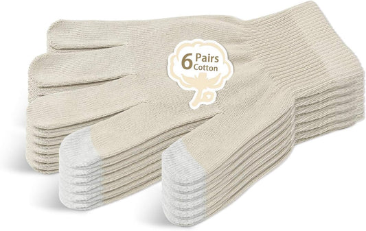Evridwear Unisex Moisturizing Cotton Gloves with Touchscreen Fingertips for Eczema Beauty Cosmetic Dry Hands Sensitive Irritated Skin Therapy Overnight Bedtime, 6 Pairs, Lightweight-Beige, L/XL