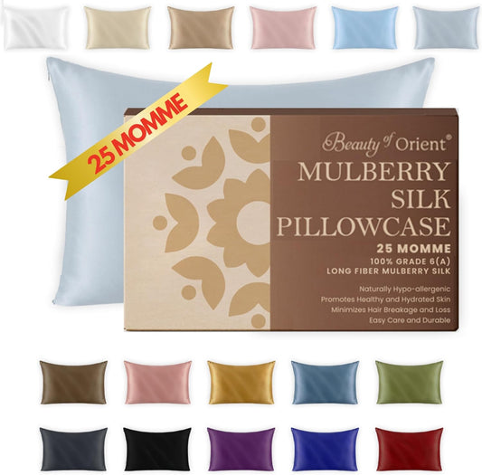 25 Momme Premium Mulberry Silk Pillowcase for Hair and Skin | Handcrafted Hypoallergenic & Anti-Acne Silk Pillow Cases with Zipper | King - 20" x 36", Silver Lining