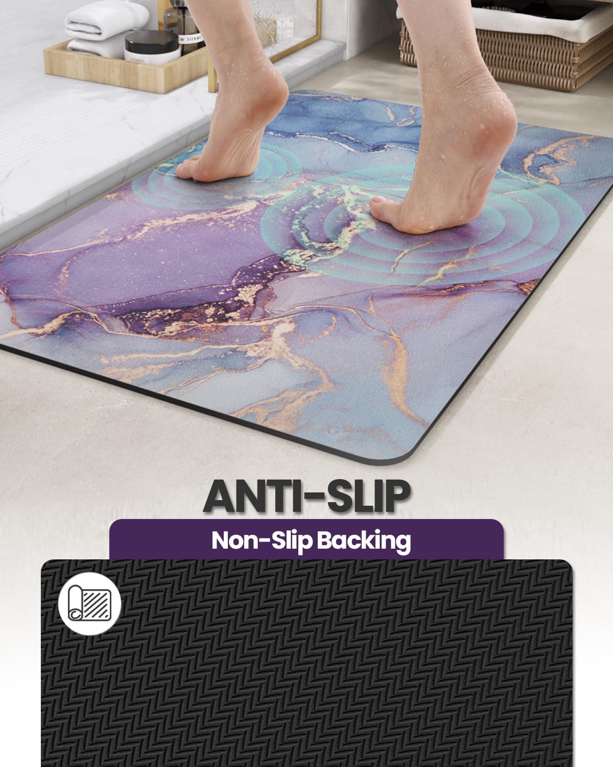 DEXI Bathroom Mat Ultra Thin, Non Slip Bath Rug for Shower Floor, Absorbent Quick Dry Marble Bathmats Low Profile, 16x24, Blue and Purple