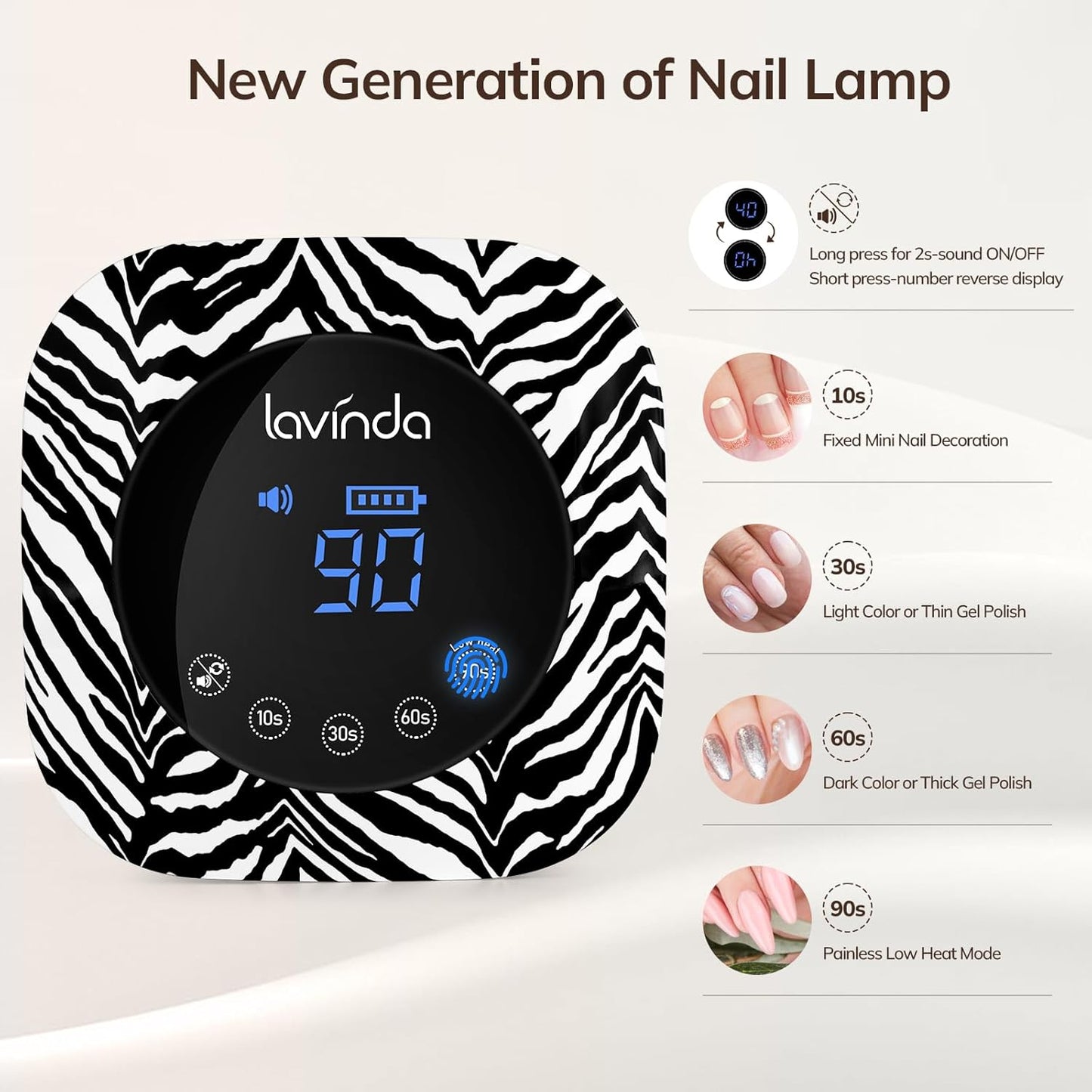 Lavinda UV Light for Gel Nails 54W UV Nail Lamp Cordless Rechargeable Nail Light with 4 Timer, 2X Faster Nail Polish Curing Lamp Nail Dryer for Salon Use-Zebra Pattern
