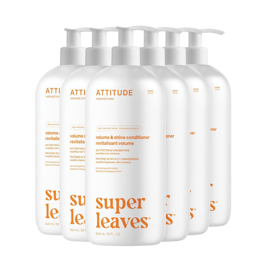 ATTITUDE Volume and Shine Hair Conditioner, For Thin Hair, Naturally Derived Ingredients, Vegan Detangler, Dermatologically Tested, Soy Protein & Cranberries, 946 mL (Pack of 6)
