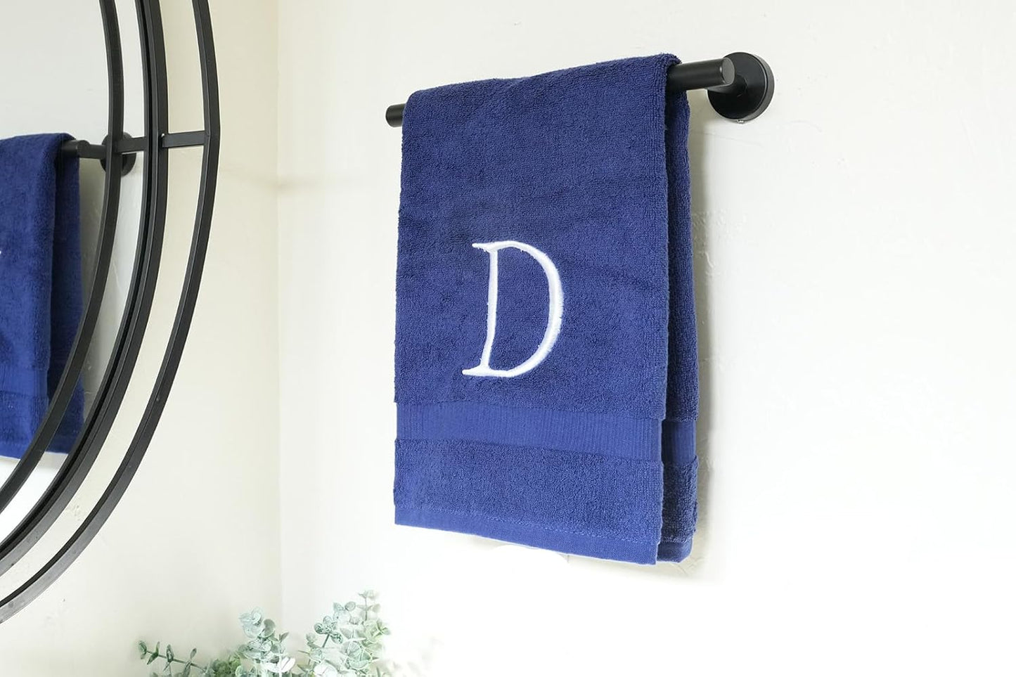Navy Luxury Hand Towel for Bathroom - Monogrammed Initial Hotel Quality Decorative Embroidered Towel for Powder Room, Spa - GOTS Organic Certified - Set of 2 White Letter D