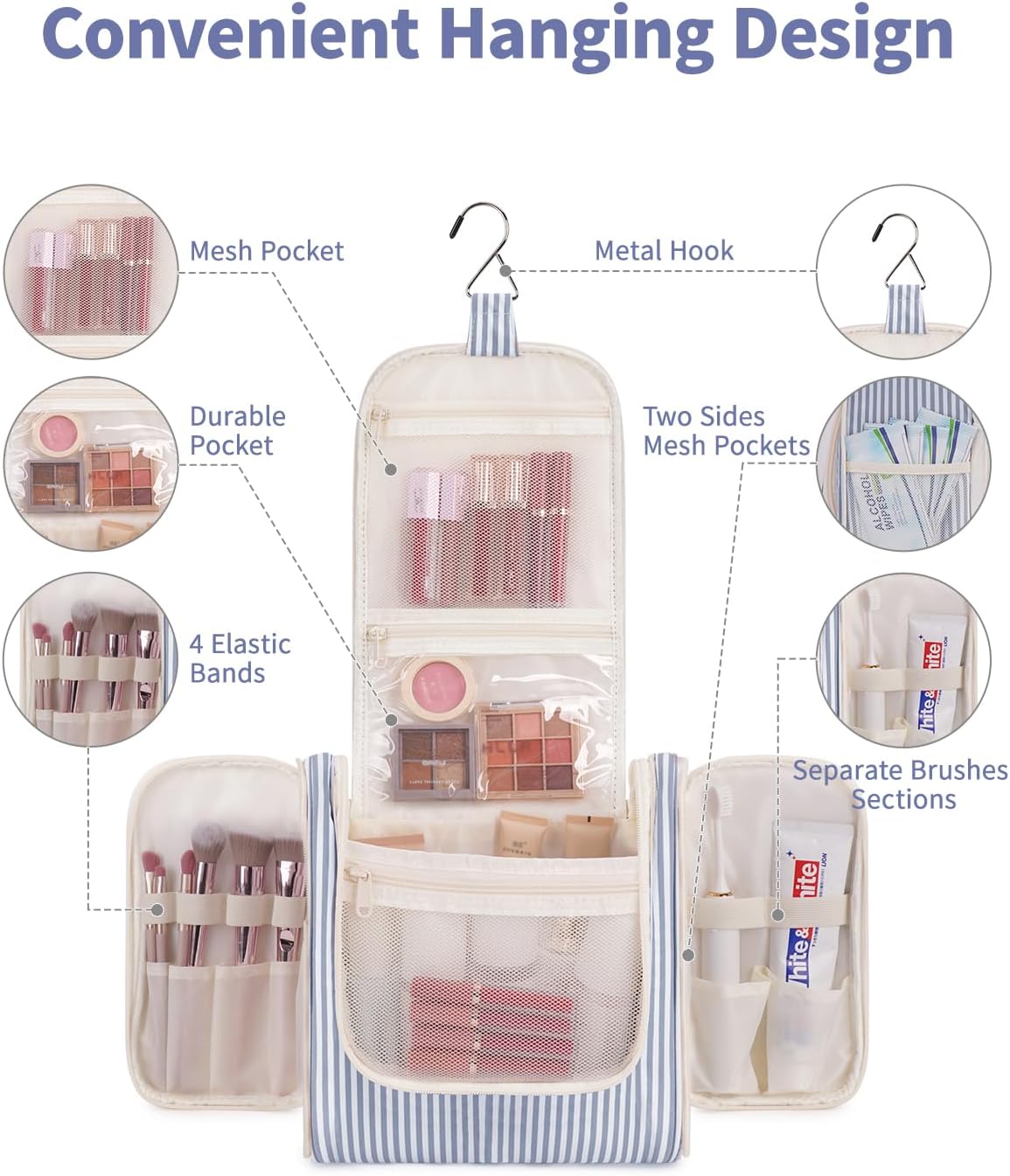 Narwey Striped Hanging Travel Toiletry Bag for Women, Travel Bag for Toiletries, Makeup Bag Organizer Cosmetic Bags Make Up Bags for Women (Greyish Blue Stripe)