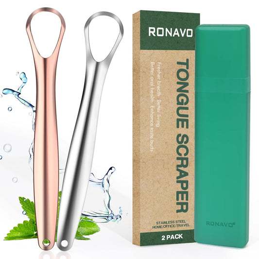 RONAVO Tongue Scraper for Kids, Children, Adult, Stainless Steel Tongue Cleaner Reduce Bad Breath, with Handy Case, 2 Colors