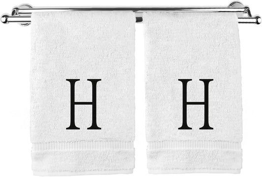 Monogrammed Hand Towel, Personalized Initial Gift, Extra Absorbent 100% Turkish Cotton - Soft Terry Finish - Set of 2 - Black Block Initial H - Embroidered on White Towels