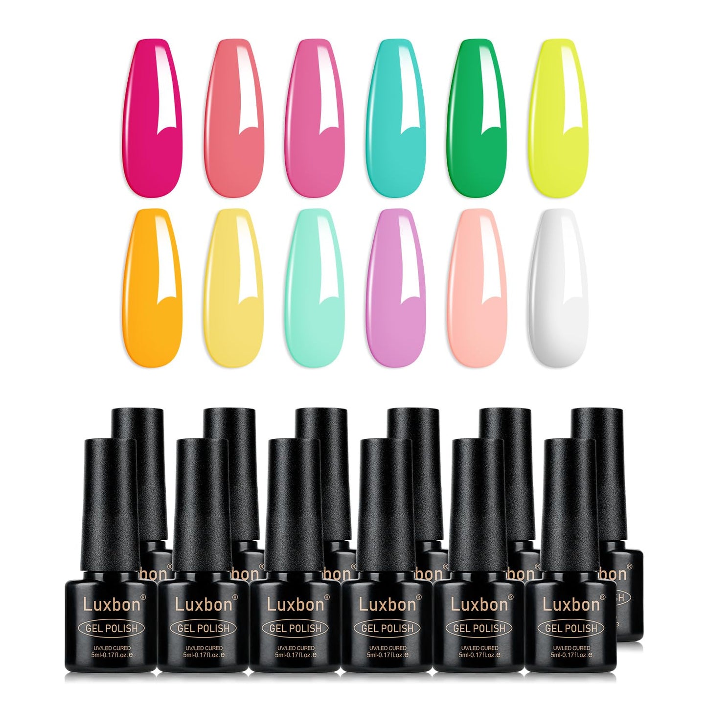 Luxbon 12 pcs Gel Nail Polish Set - Summer Color Set Long Lasting Gel Polish, uv led Soak Off Nail Art Designs Manicure Kit 007