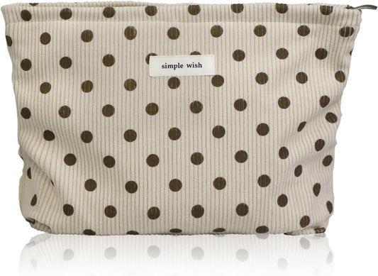 Wudygirl Makeup Bag Makeup Pouch for Women Corduroy Cosmetic Bag Portable Travel Toiletry Bag Large Capacity Make up Organizer with Zipper（Beige Polka Dot）
