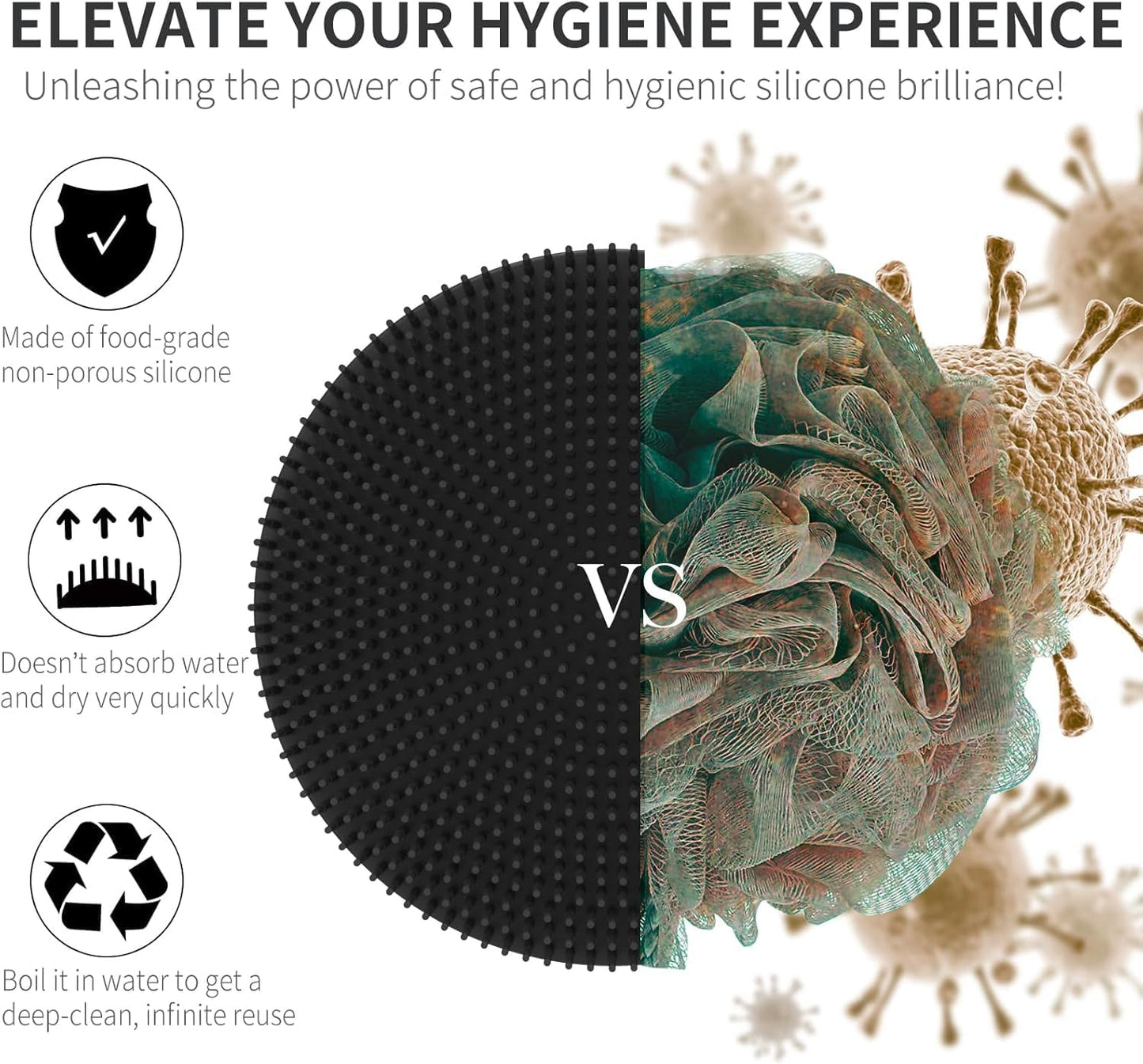 Silicone Body Scrubber & Scrub Nets, BEAUTAIL 4 Pack – Rich Foam and Exfoliation with Gentle Brush or Firmer Net Options – Hygienic, Durable, Easy to Clean – 2 Brushes (Black+Blue), 2 Nets (Gray+Blue)