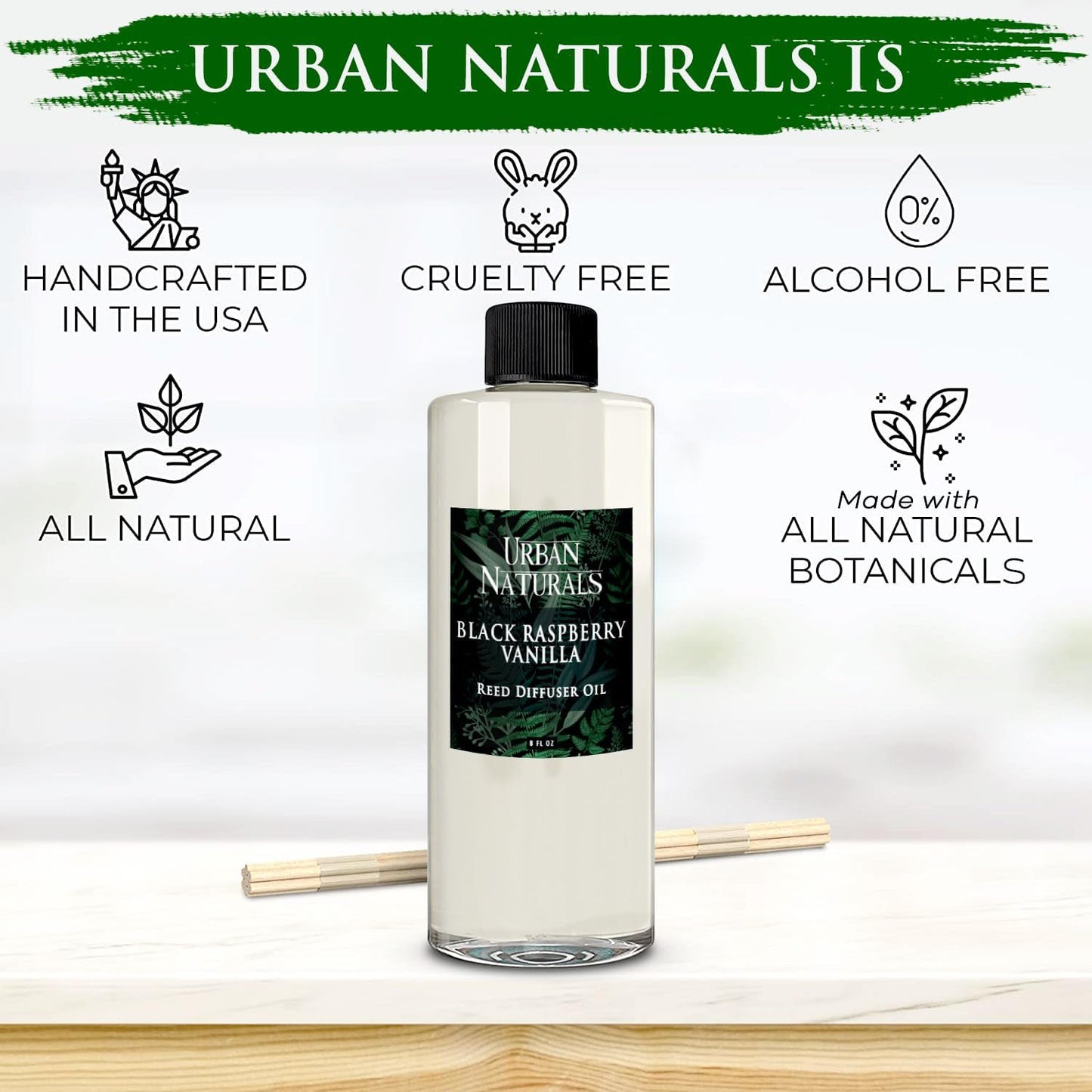 Urban Naturals Reed Diffuser Oil Refill Black Raspberry Vanilla with BlackBerry, Raspberry, Vanilla Orchid, Amber, Sandalwood 8 oz + Free Reed Sticks, Made in The USA