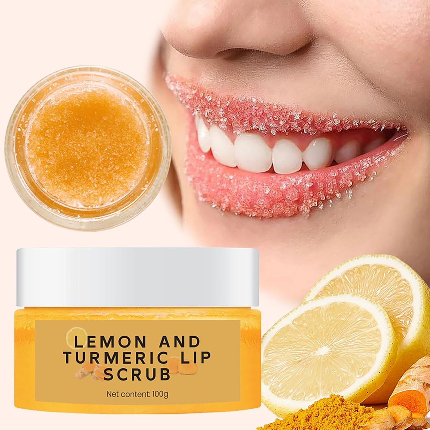 Natural Turmeric Lemon Lip Scrub for Dark Lips, Turmeric Lemon Lip Exfoliator Nourishing Sugar Lip Scrub with Aloe Vera Gentle Exfoliant for Dry and Chapped Lips Hydrates & Fade Lip Lines 100g