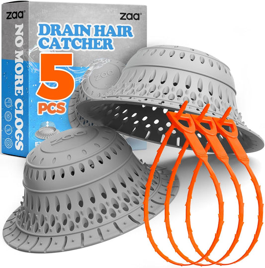 zaa 5 Pcs Bathtub & Shower Drain Hair Catcher, 2 Pack Silicone Collapsible Drain Protector and Drain Cover with 3 Snake Drain Clog Removers, for Pop-Up and Regular Drains of Tub, Shower, Bathroom