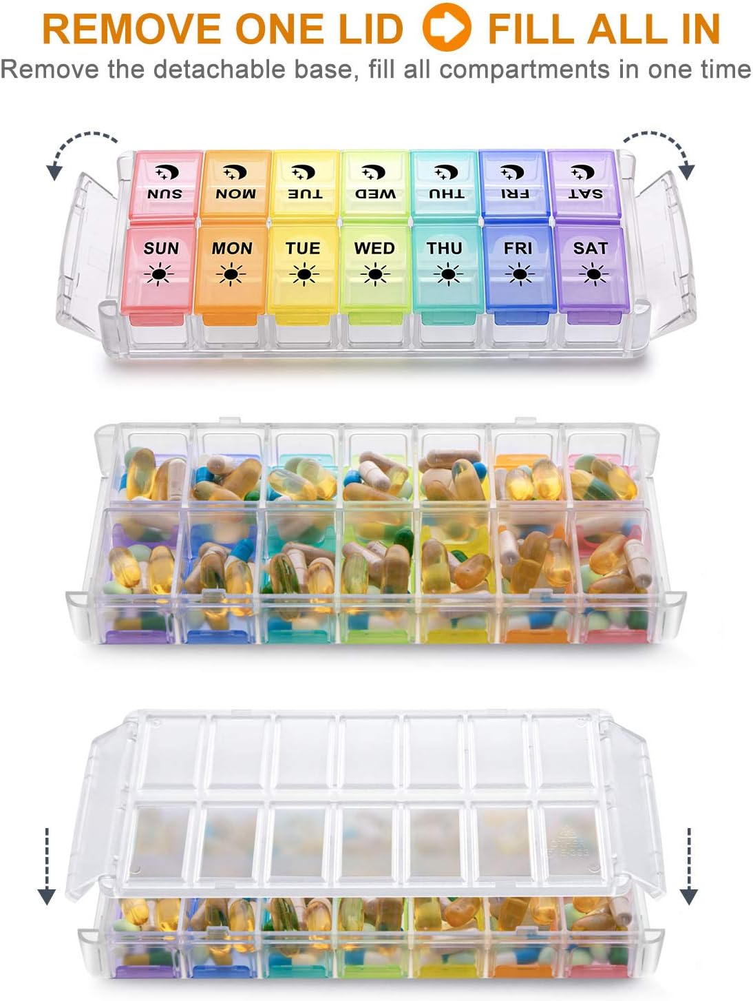 Pill Organizer 2 Times a Day, Fullicon Quick Fill Large Weekly AM PM Pill Box, Medicine Organizer 7 Day, Daily Pill Cases - Rainbow (Patent Registered)
