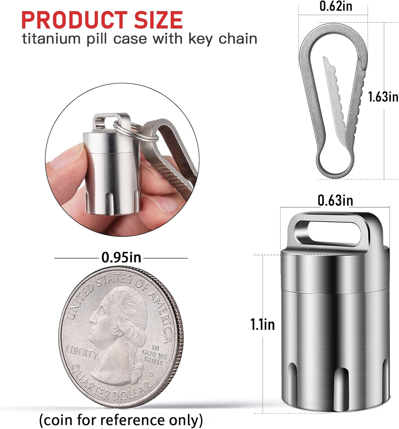 TISUR Titanium Small Pill Holder Keychain, Portable Pill Case Waterproof Pocket Pill Box Container Carrier to Hold Pills, Vitamins, Fish Oil, Supplements