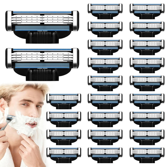 Razor Blade Refills for Men 24-Pack Mach 3 Razor Blades Refills for Men - Triple Layer Precision Edges with Dual Lubricating Strips for a Smooth, Comfortable Shave - Compatible Mach3 Razor
