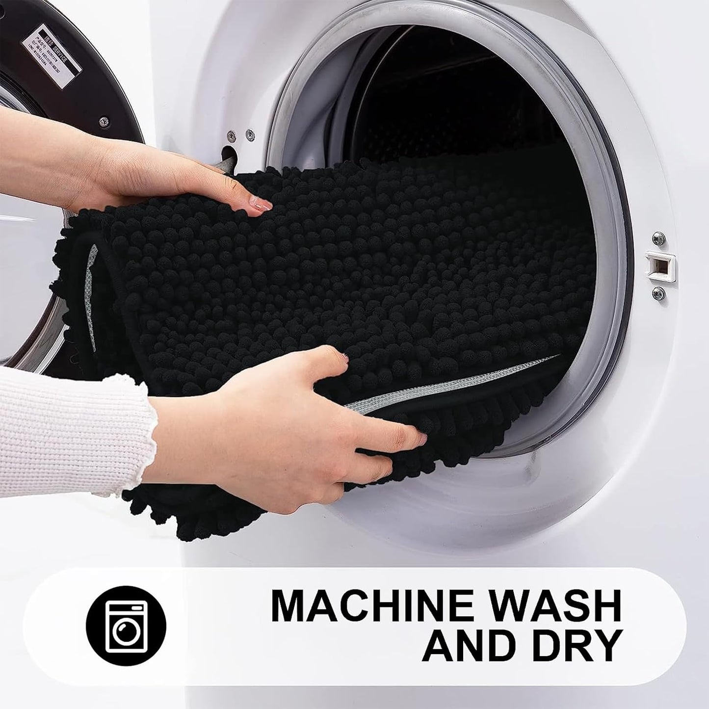 Grandaily Chenille Striped Bathroom Rugs 47x32, Extra Thick and Absorbent Bath Mats, Non-Slip Soft Plush Shaggy Shower Carpet, Machine Wash Dry, Bath Rug for Bathroom, Black