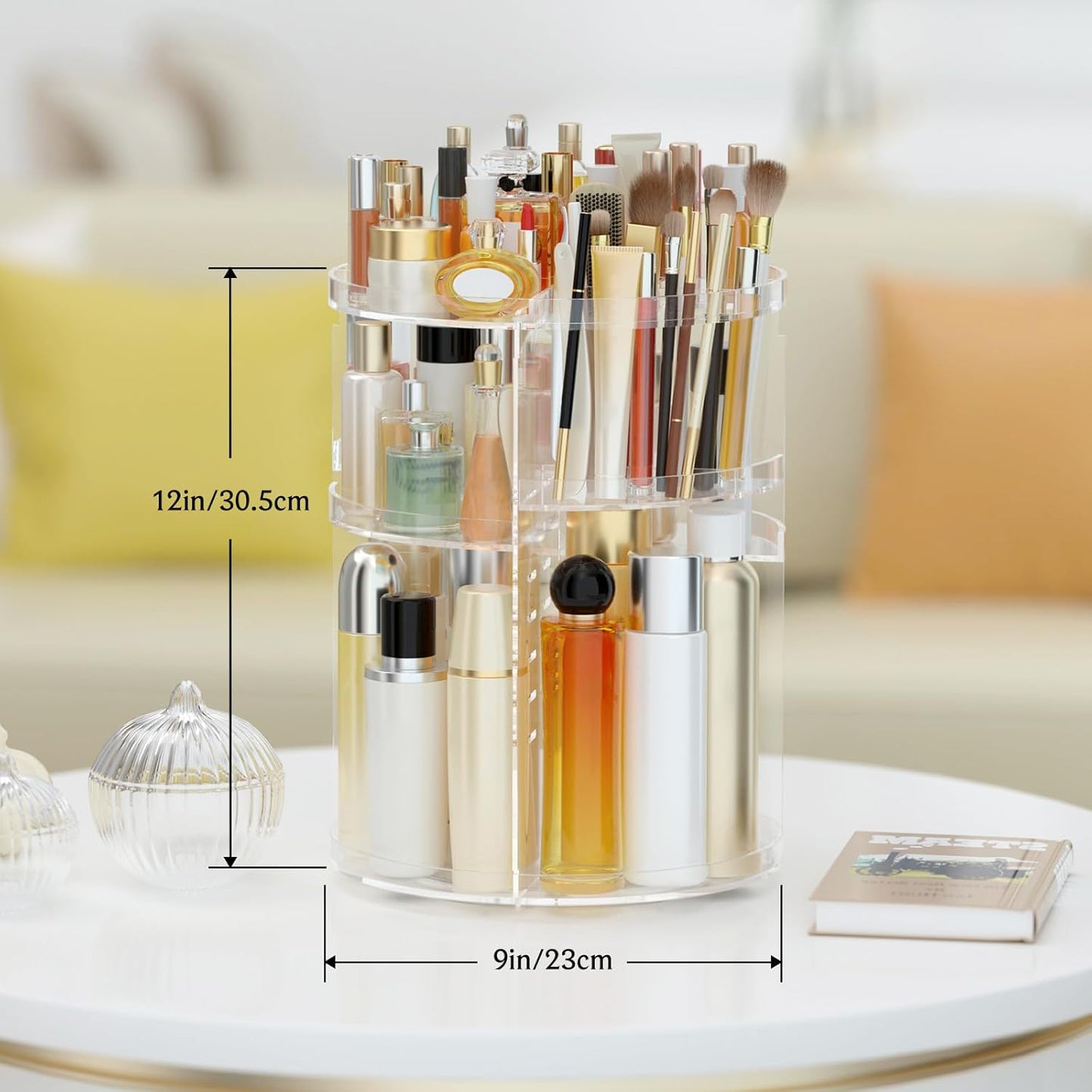 Makeup Organizer 360 rotating, Adjustable Skincare Organizer with Brush Holder, Cosmetics Display Cases for Vanity Bathroom Countertop Large Capacity Carousel Make up Caddy Shelf (Transparent)