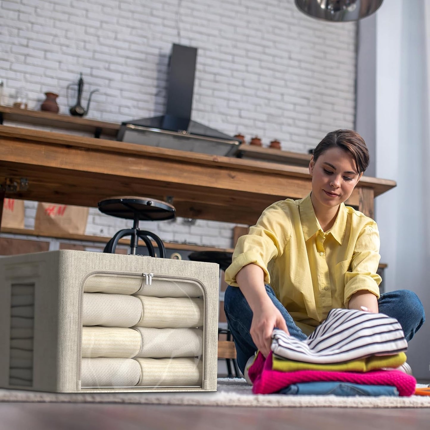 FHSQX 6 Pack Clothes Storage Bins with Metal Frame 100L Foldable Storage Bins for Clothes Linen Fabric Storage Box with Clear Window (Beige, 23.6x16.5x15.7inch(100L))