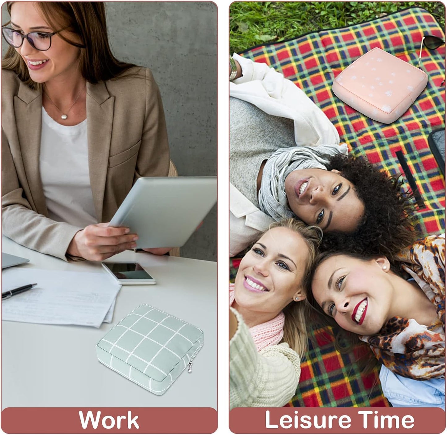 Desing Wish Period Bag, Sanitary Napkin Storage Bag for Feminine Pads Panty Liners Tampons and Reusable Pads, Sanitary Pads Pouches First Period Kit for Teen Girls Women Ladies 2 Pack (Leafs/Grids)