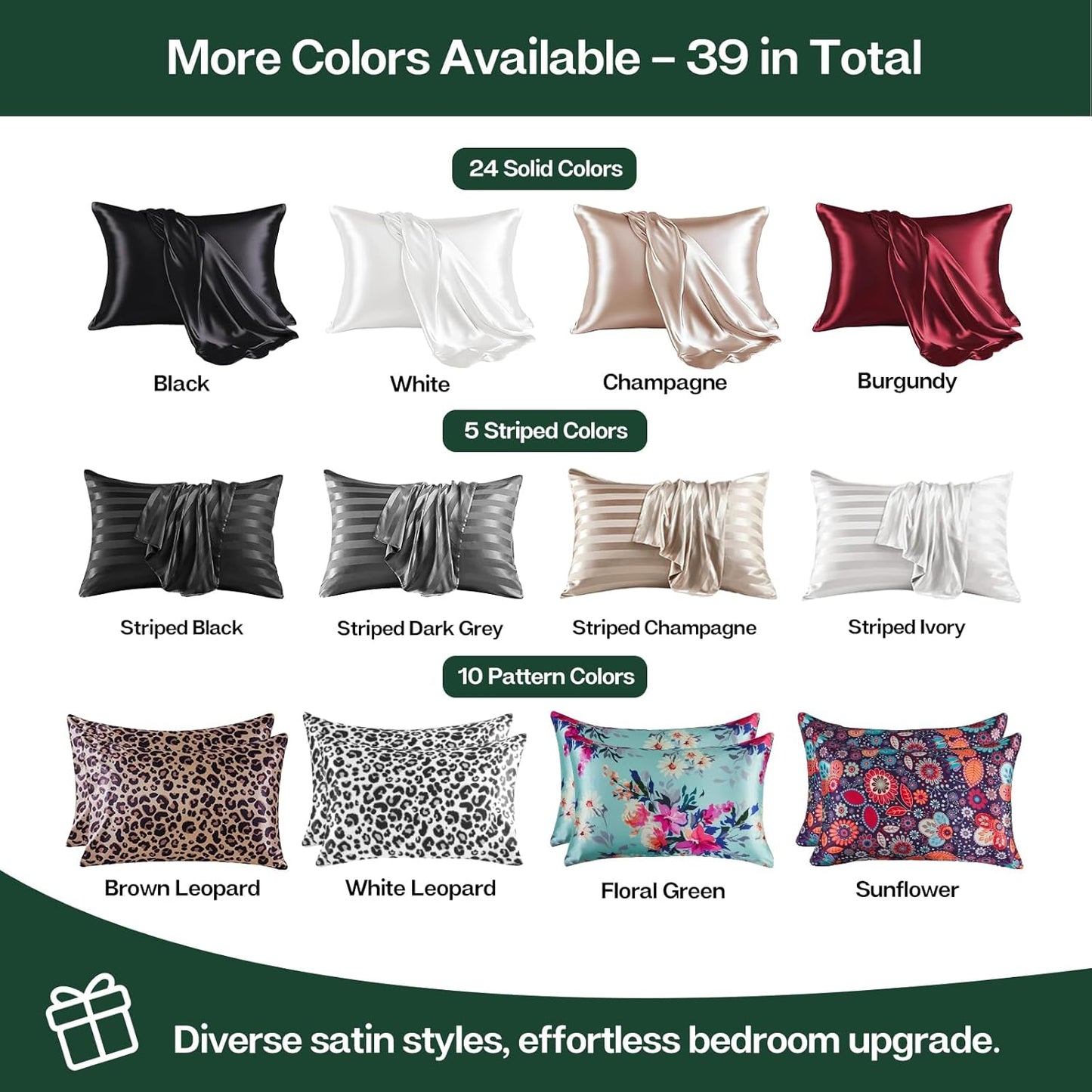 MR&HM Satin Pillowcase for Hair and Skin, Silk Satin Pillowcase 2 Pack, King Size Pillow Cases Set of 2, Silky Pillow Cover with Envelope Closure (20x40, Dark Green)