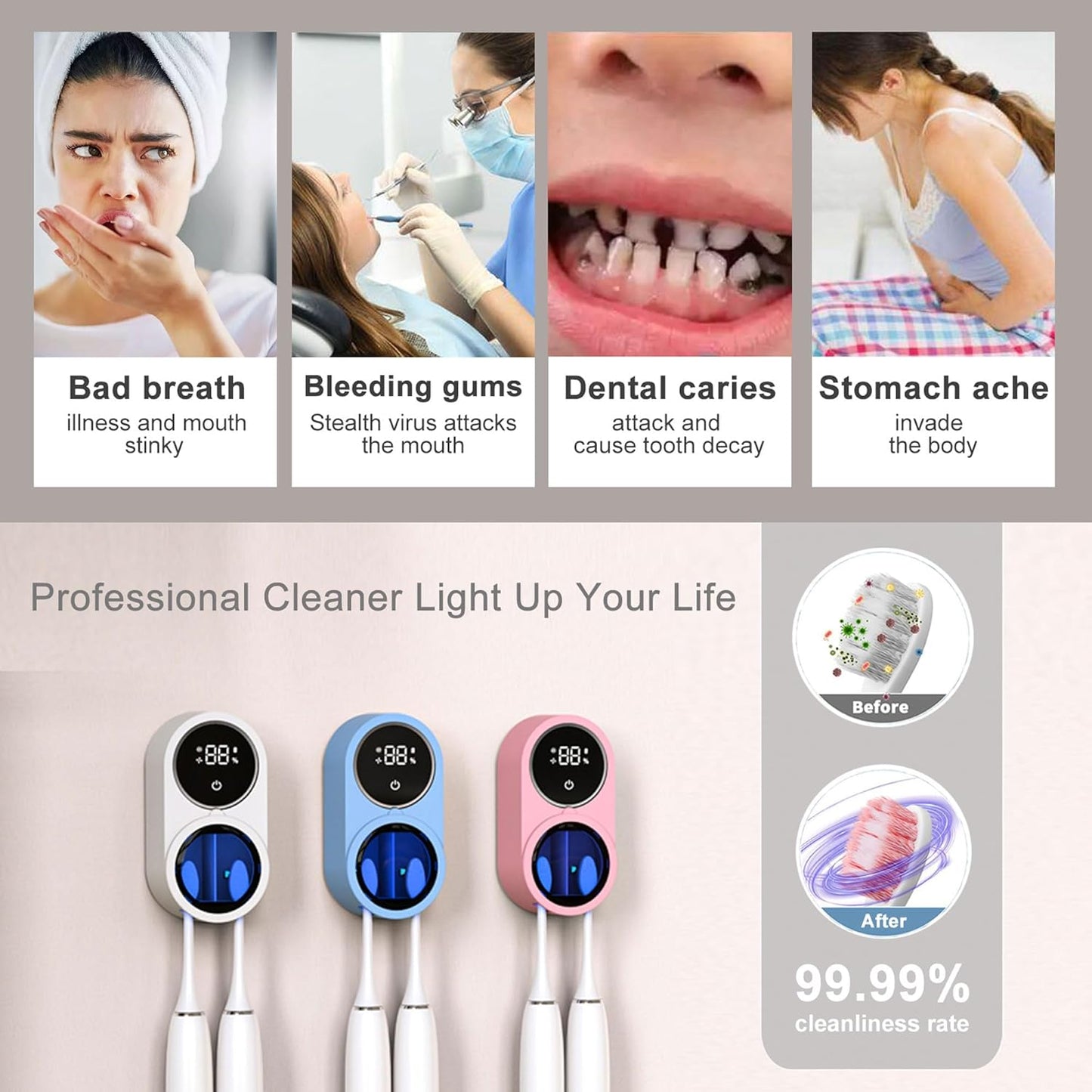 Toothbrush Holder and Cleaner for Bathroom Light Cleaning Fan Drying Round in Circle Automatic Rotating Cover Wall Mounted Smart Home Gadgets (03 Pink)