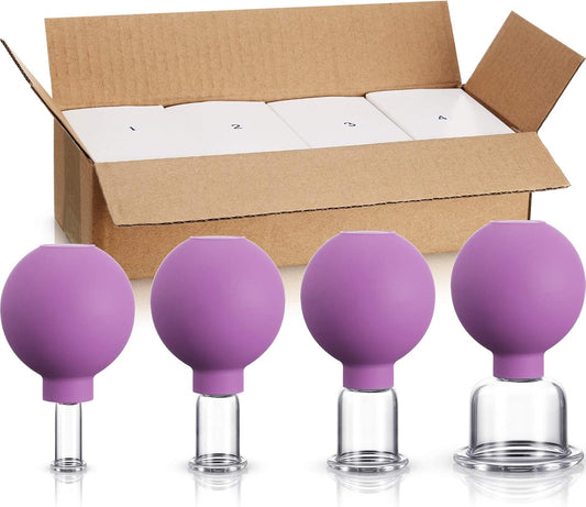 BBTO 4 Pieces Glass Cupping Set Glass Silicone Cupping Cups Massage Vacuum Suction Cupping Cups for Body Face Leg Arm Back Shoulder Muscle and Joint Pain (Purple)