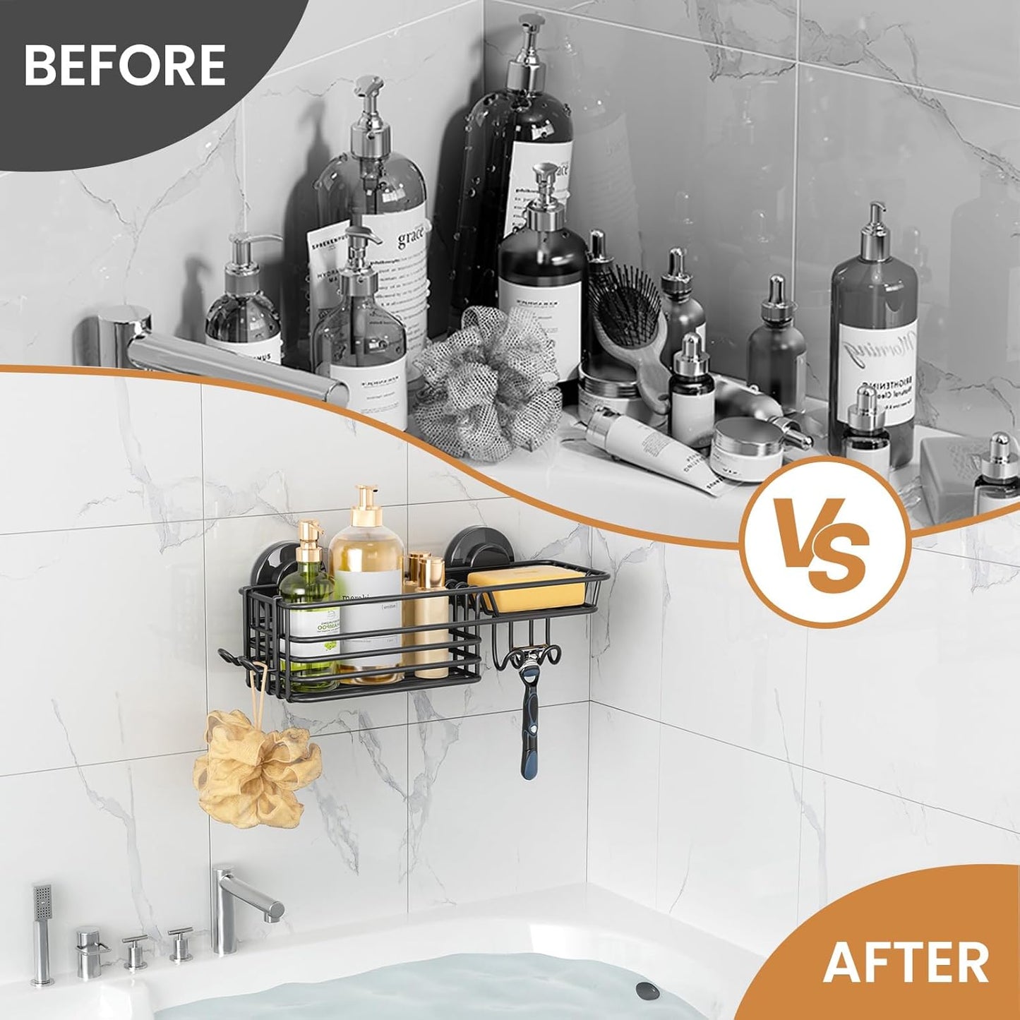 LEVERLOC Shower Caddy Suction Cup, Suction Caddy with Hooks and Soap Holder for Bathroom, No-Drilling Bathroom Shower Organizer, Black