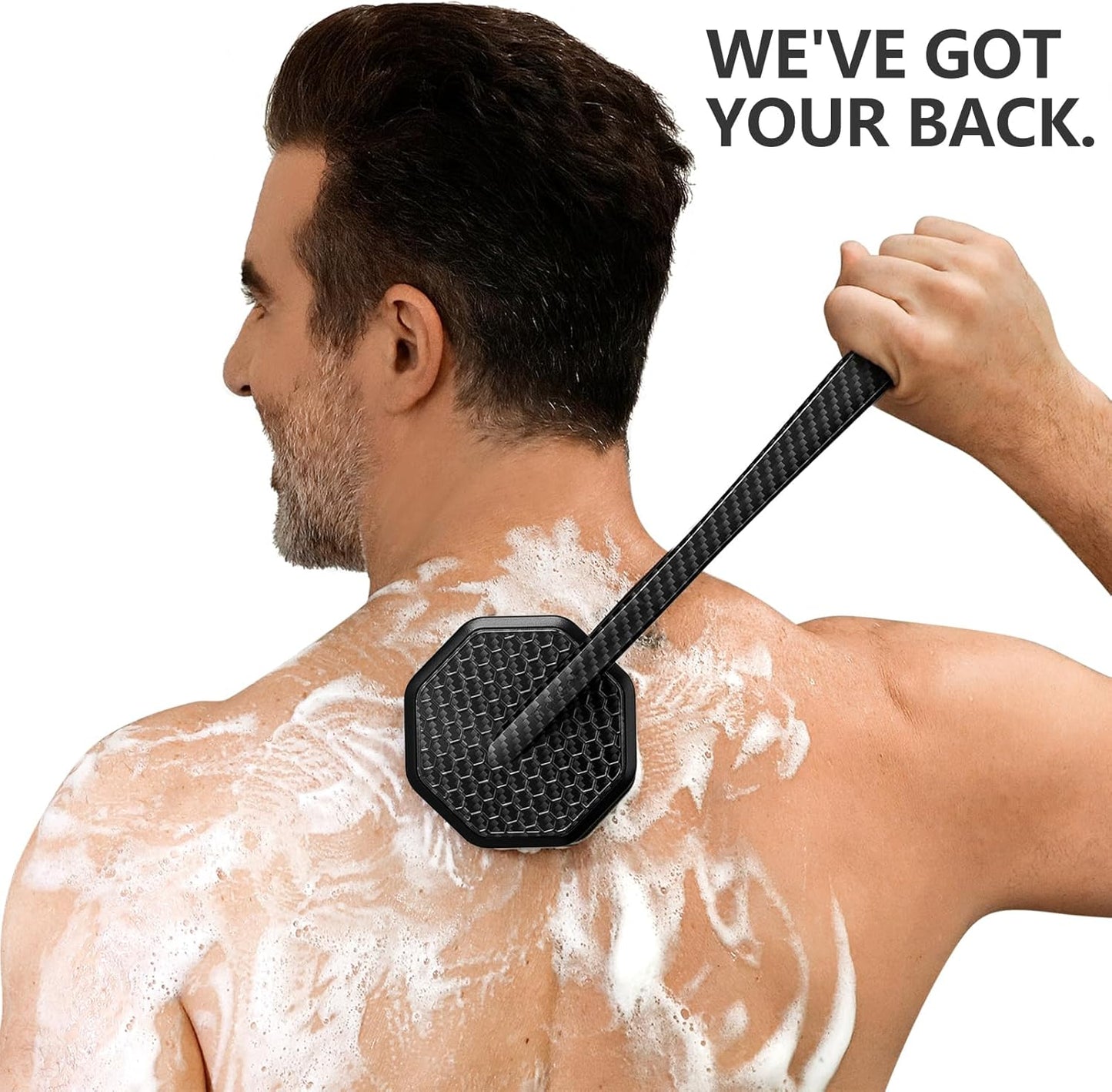 iTokGoK® Silver-Infused Carbon Fiber Silicone Back Scrubber with Long Handle Back Brush for Shower,Back Brush Long Handle for Men and Women,Ergonomic No-Slip Handle, Long-Lasting (Carbon Fiber)