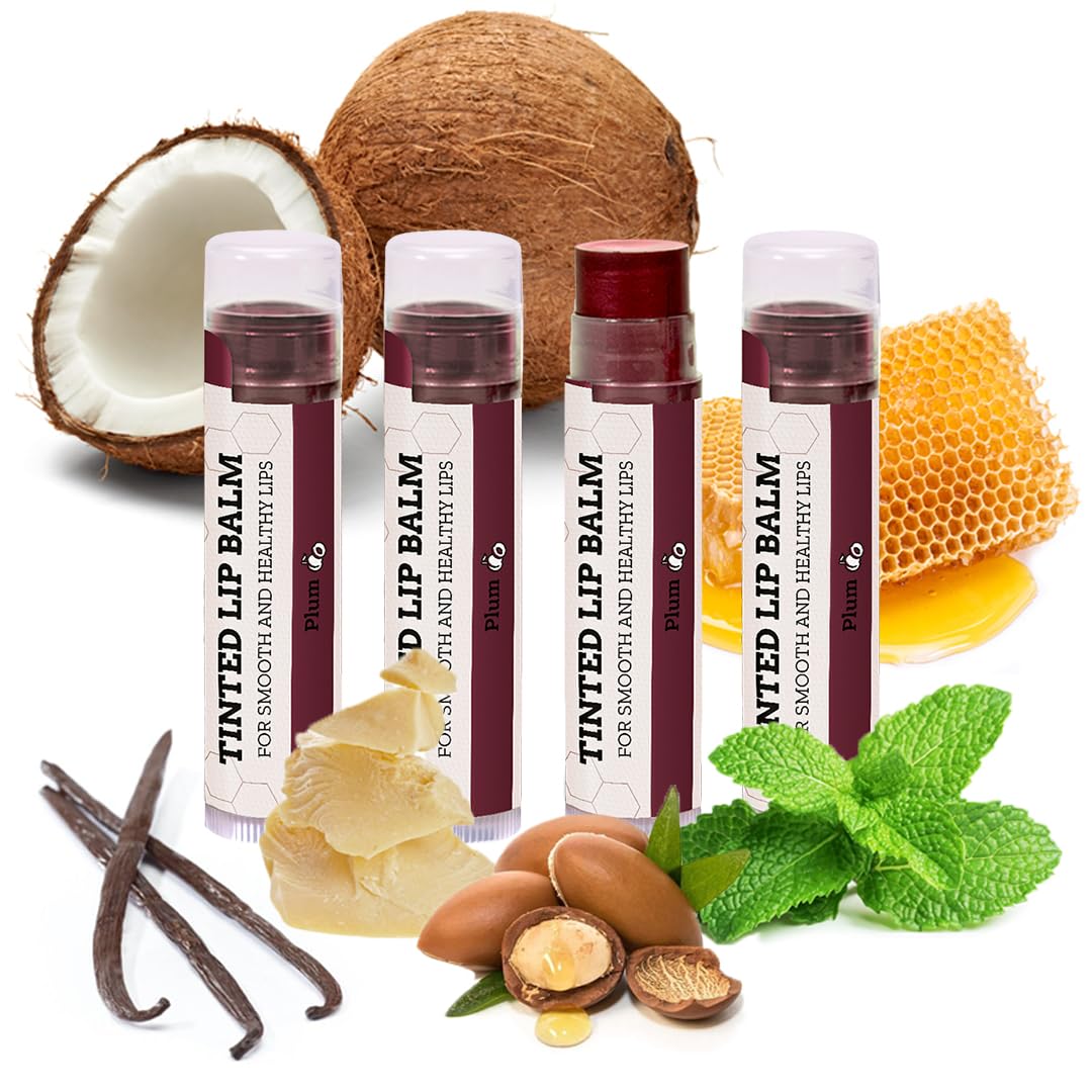 Earth's Daughter Tinted Lip Balm 4 Pack of Plum Color - Beeswax, Coconut Oil, Cocoa Butter, Vitamin E -Moisturize and Beautify, Paraben Free
