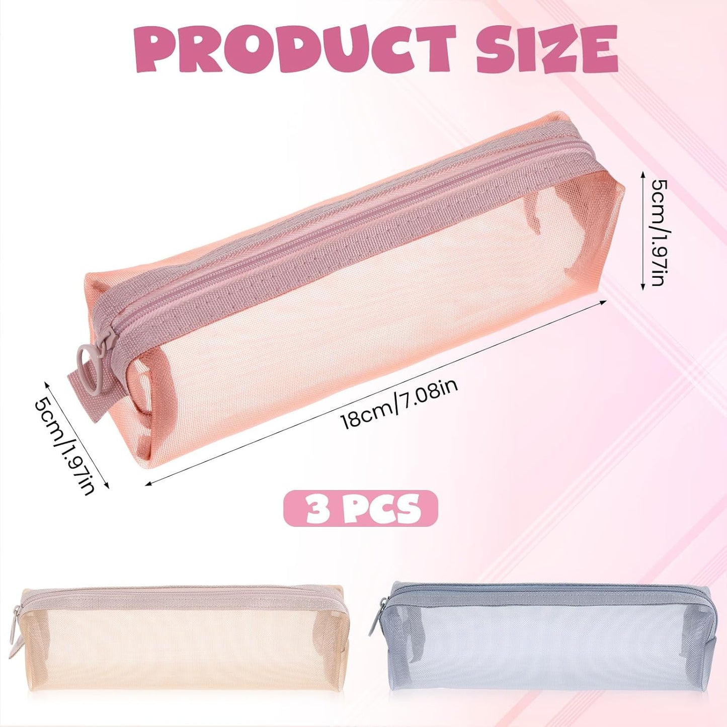 3PCS Mesh Makeup Brush Bag, Mesh Zipper Pouch Bags 7" Portable Travel Cosmetic Bag Square Pencil Case Organizer Stationery Storage Bags for Home Office Supplies Cosmetics Makeup Travel Accessories