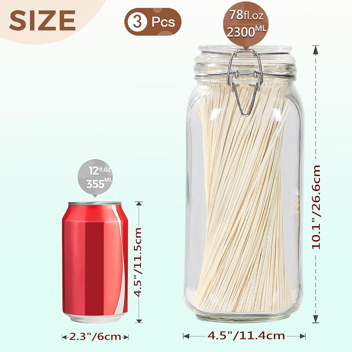 Clear Food Storage Jars 78oz Square, Airtight Glass Canister with Lids Set of 3, Kitchen & Pantry Organization Food Storage Container for Canning, Sugar, Flour, Candy, Cereal, Coffee